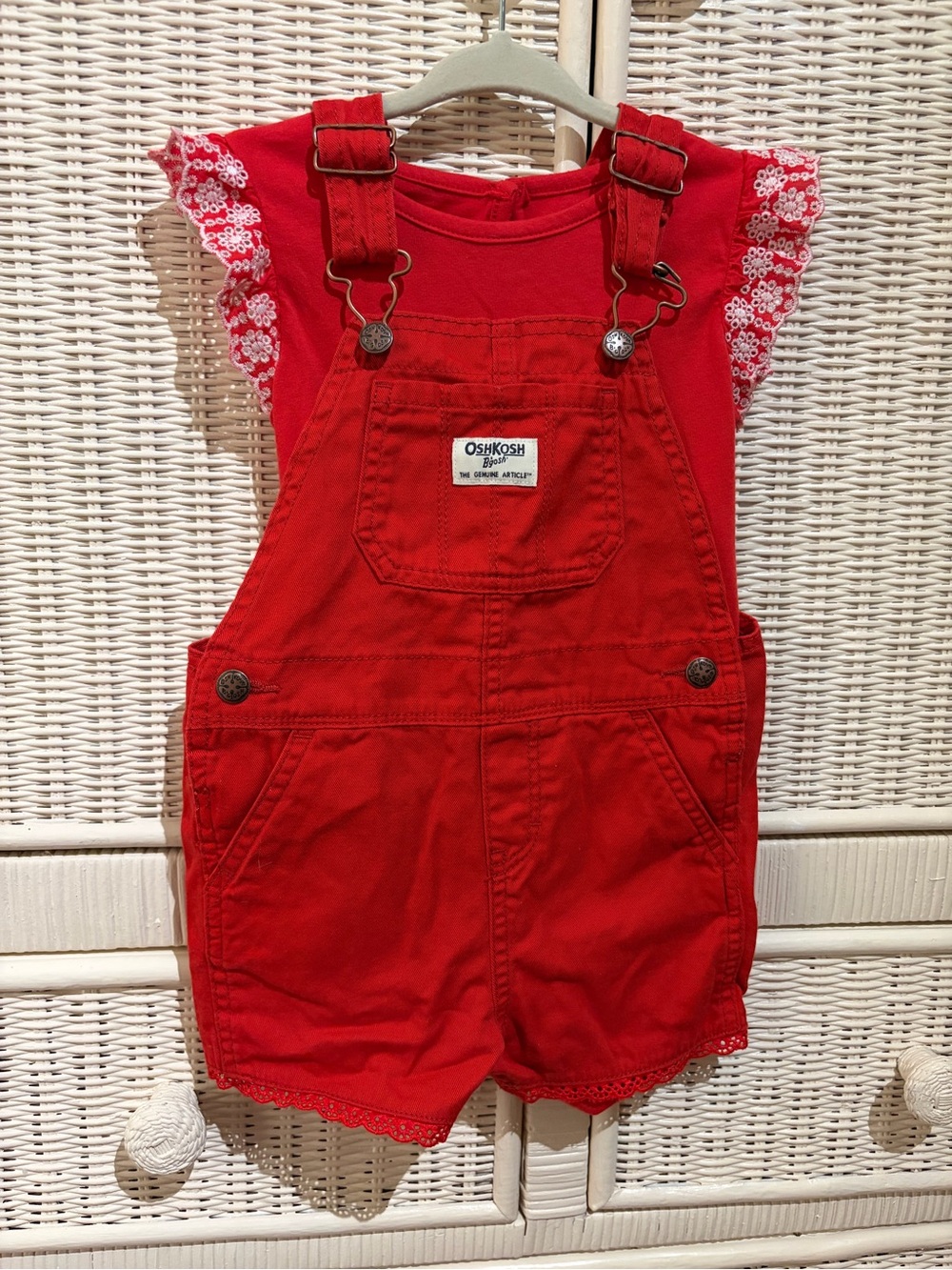 Girls Toddler OshKosh B'gosh Bright Red Shortalls Overalls with Onsie Set 24m